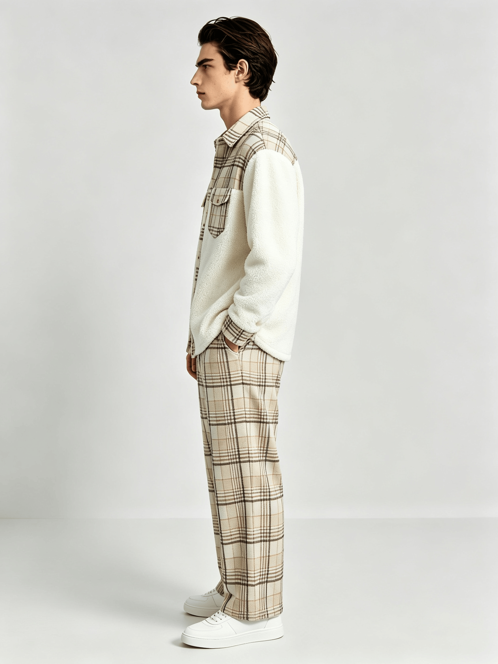 Men Checked Panel Fleece Shirt