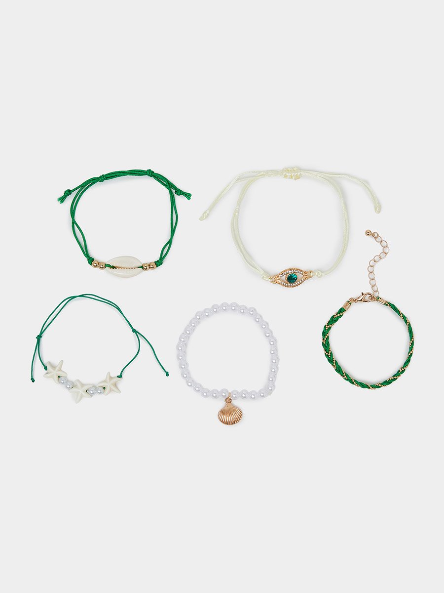 Set of 5 - Shell and Evil Eye Beaded Bracelet