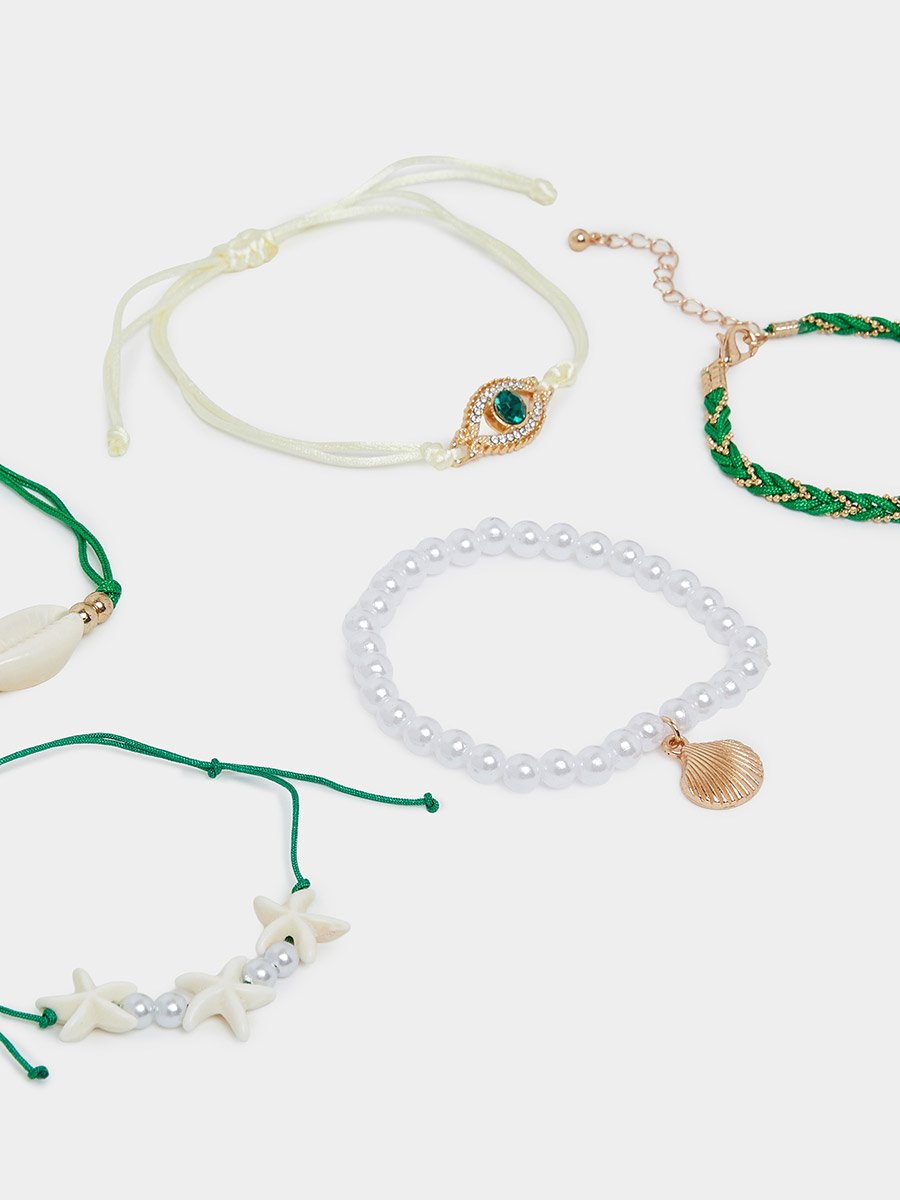 Set of 5 - Shell and Evil Eye Beaded Bracelet