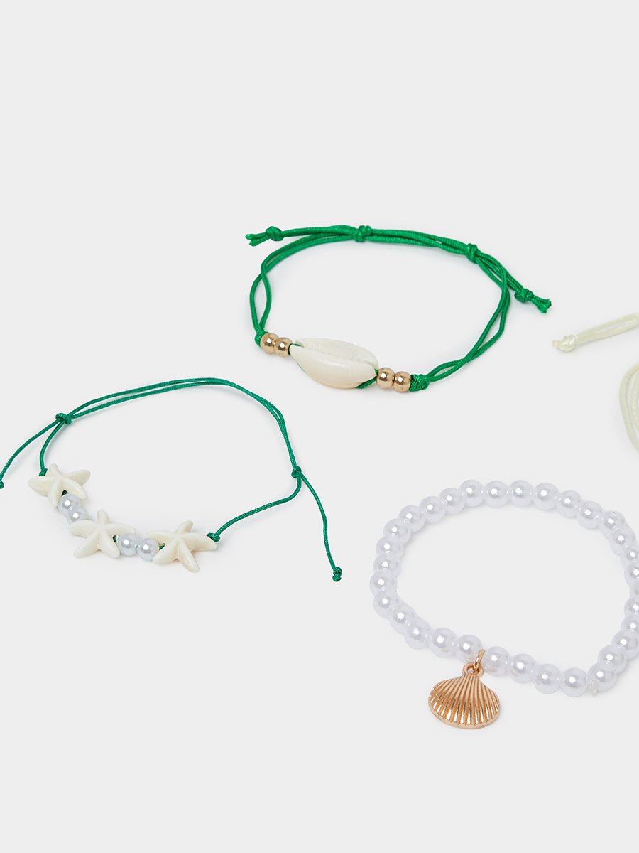 Set of 5 - Shell and Evil Eye Beaded Bracelet