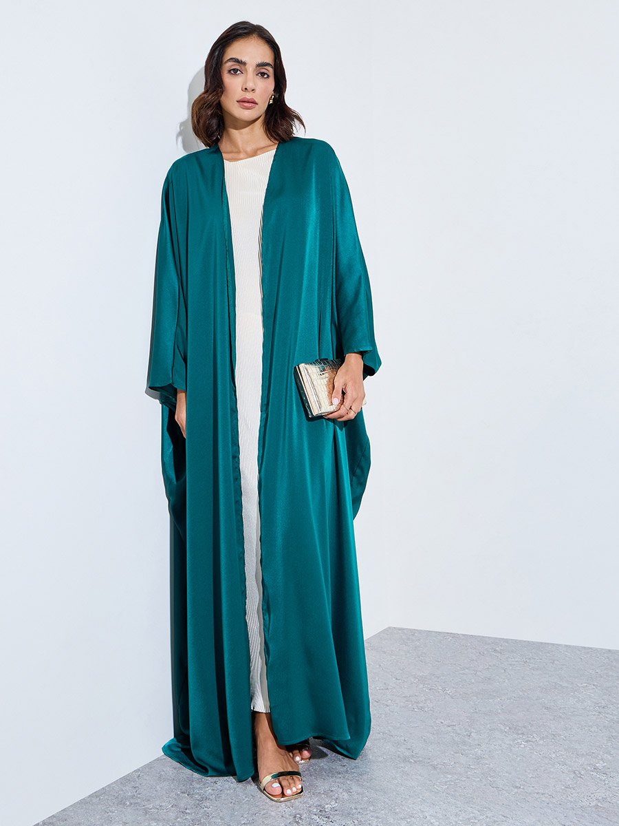Green Solid Batwing Sleeves Open Front Abaya