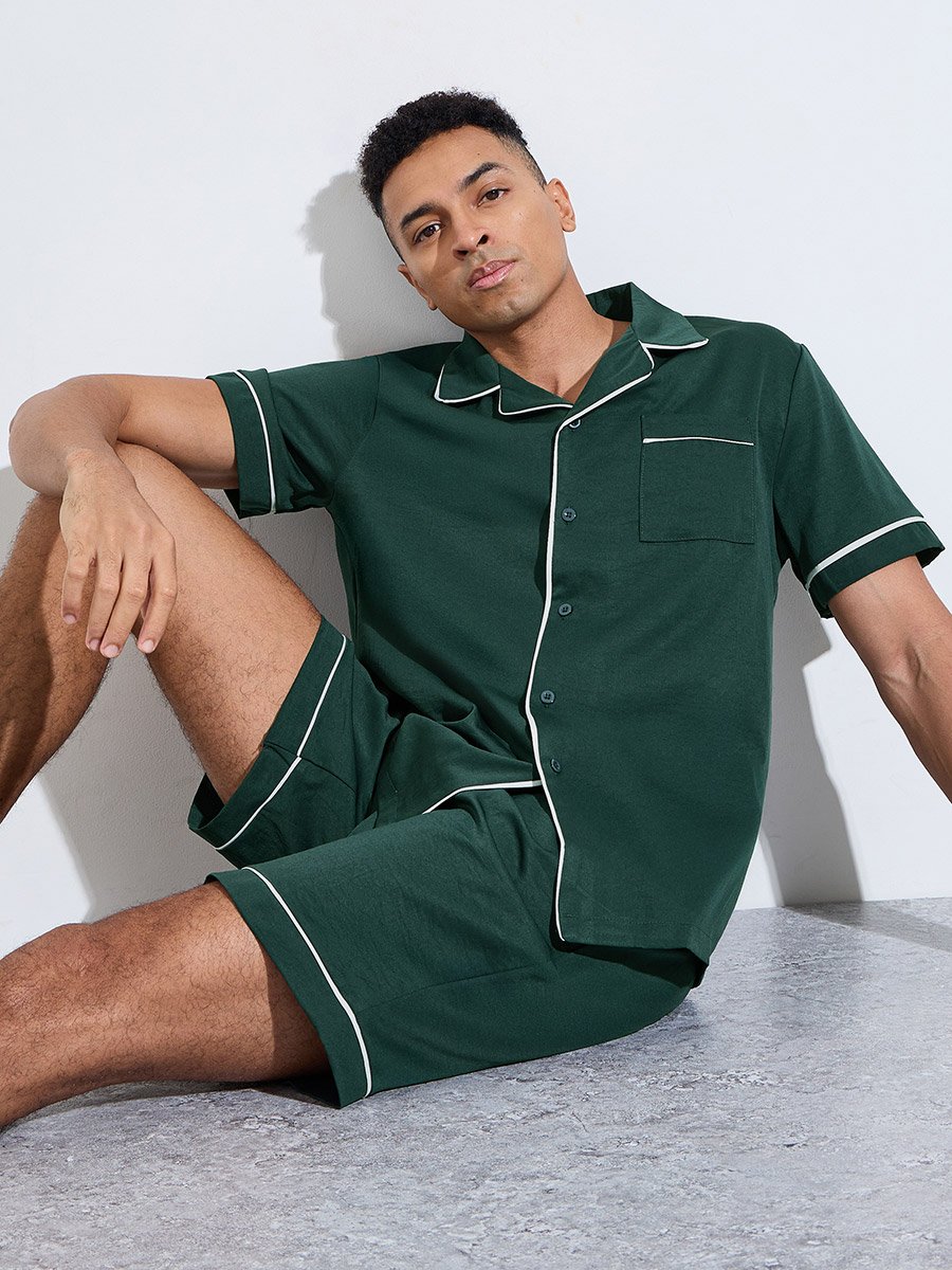 Dark Green Solid Contrast Trims Shirt and Shorts Pyjama Set