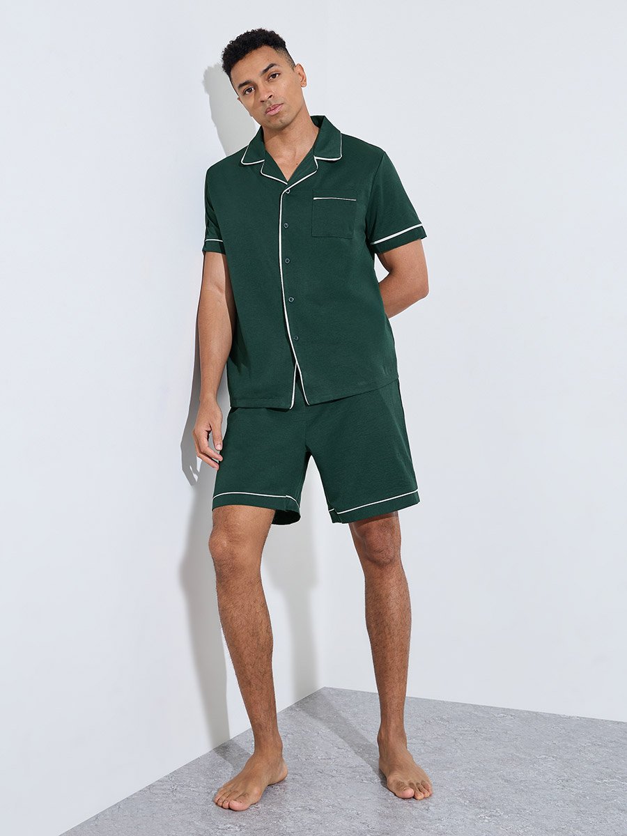 Dark Green Solid Contrast Trims Shirt and Shorts Pyjama Set