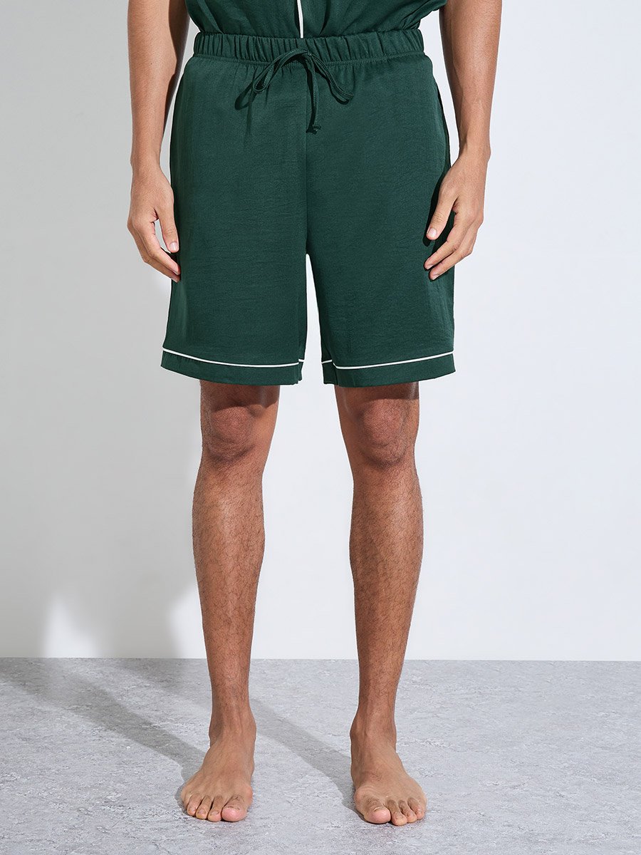 Dark Green Solid Contrast Trims Shirt and Shorts Pyjama Set