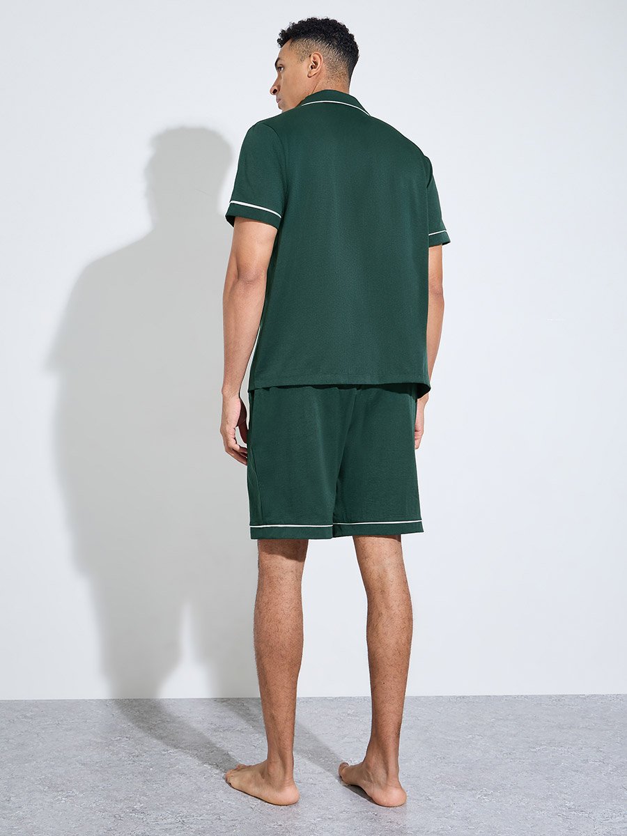 Dark Green Solid Contrast Trims Shirt and Shorts Pyjama Set