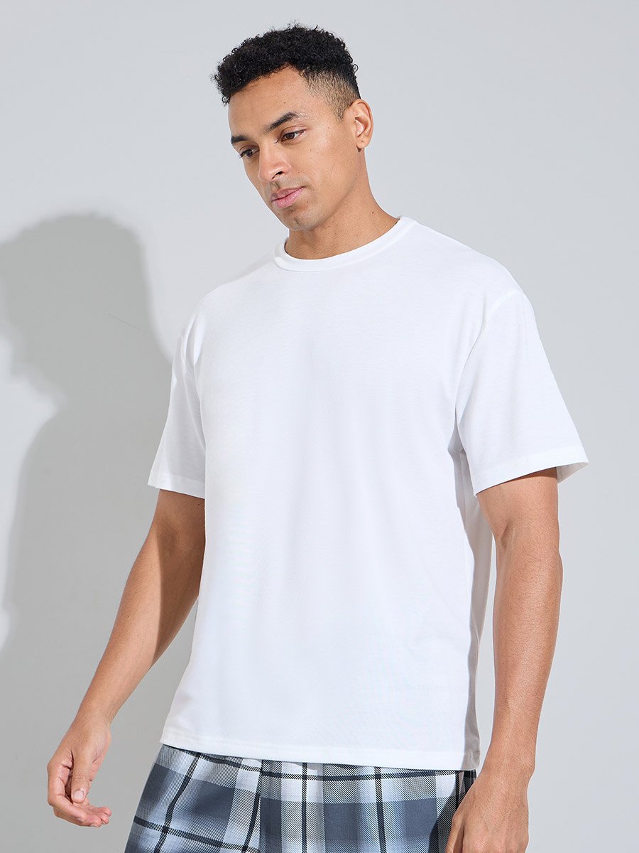 White Solid Round Neck T-Shirt and Checked Shorts Pyjama Set