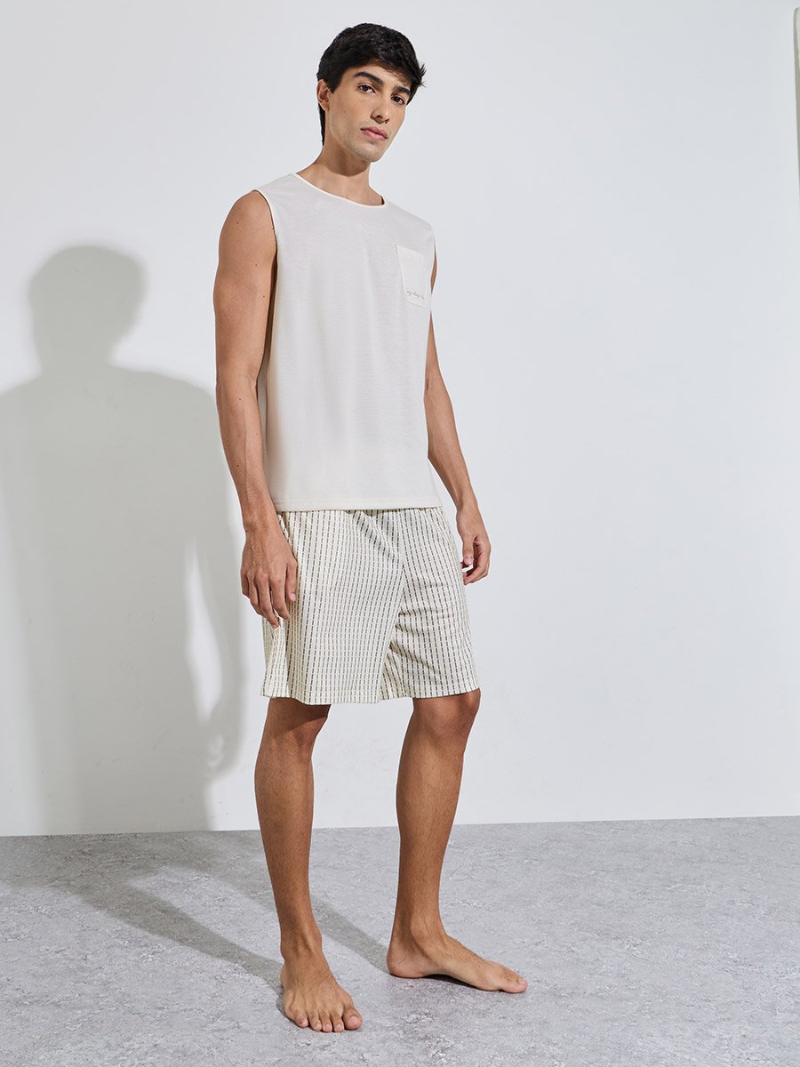 Cream Pocket Detail Tank Top and Striped Shorts Pyjama Set
