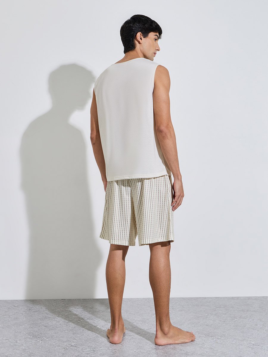 Cream Pocket Detail Tank Top and Striped Shorts Pyjama Set