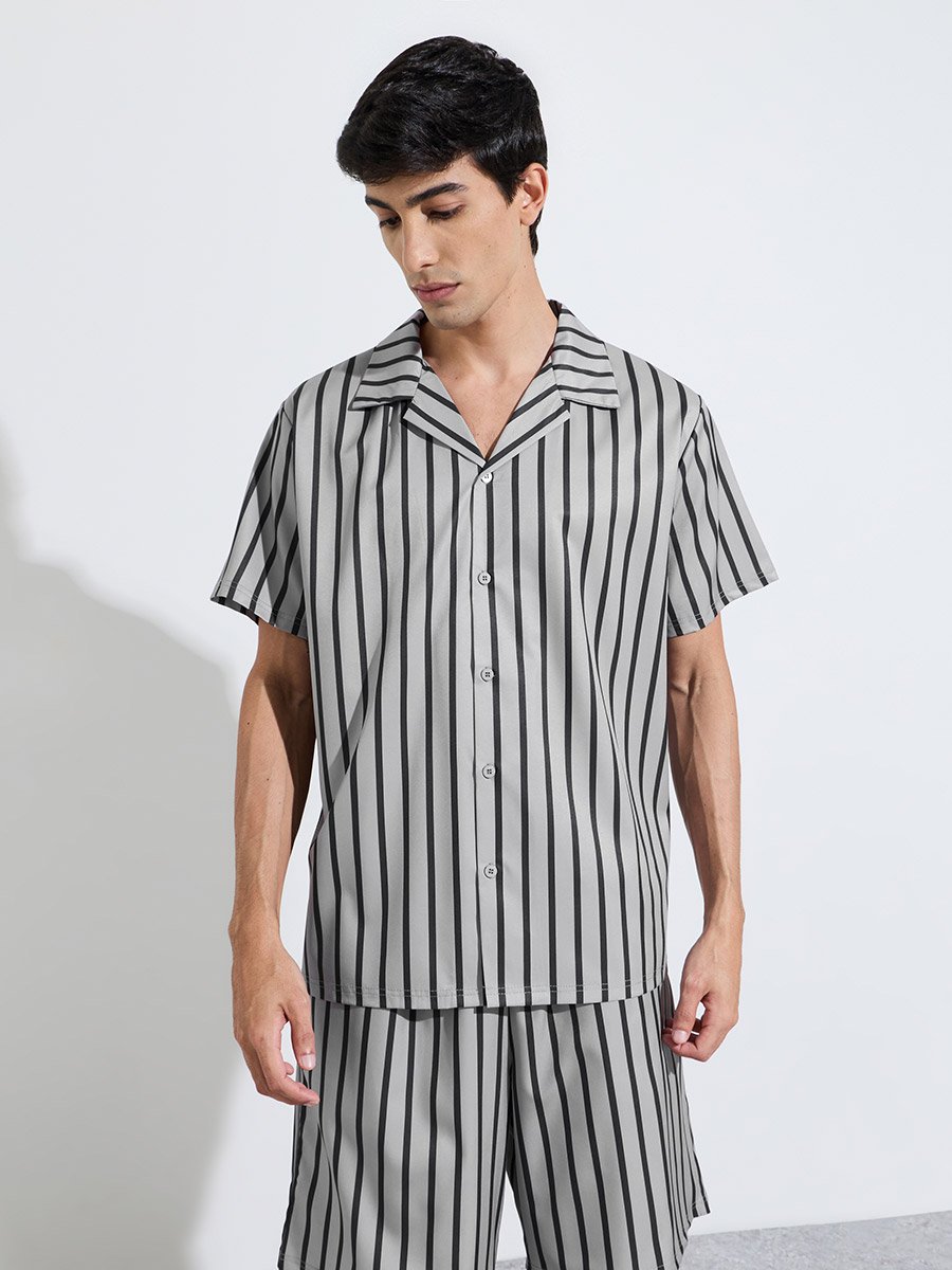 Grey Striped Short Sleeves Shirt and Shorts Pyjama Set