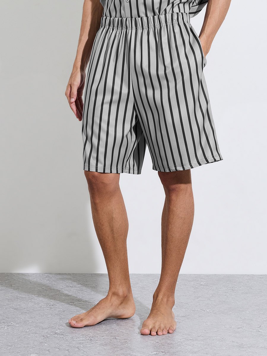 Grey Striped Short Sleeves Shirt and Shorts Pyjama Set