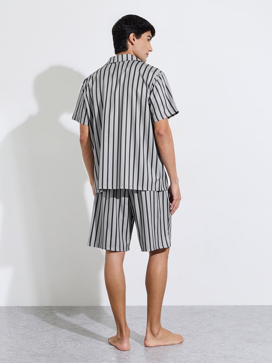 Grey Striped Short Sleeves Shirt and Shorts Pyjama Set