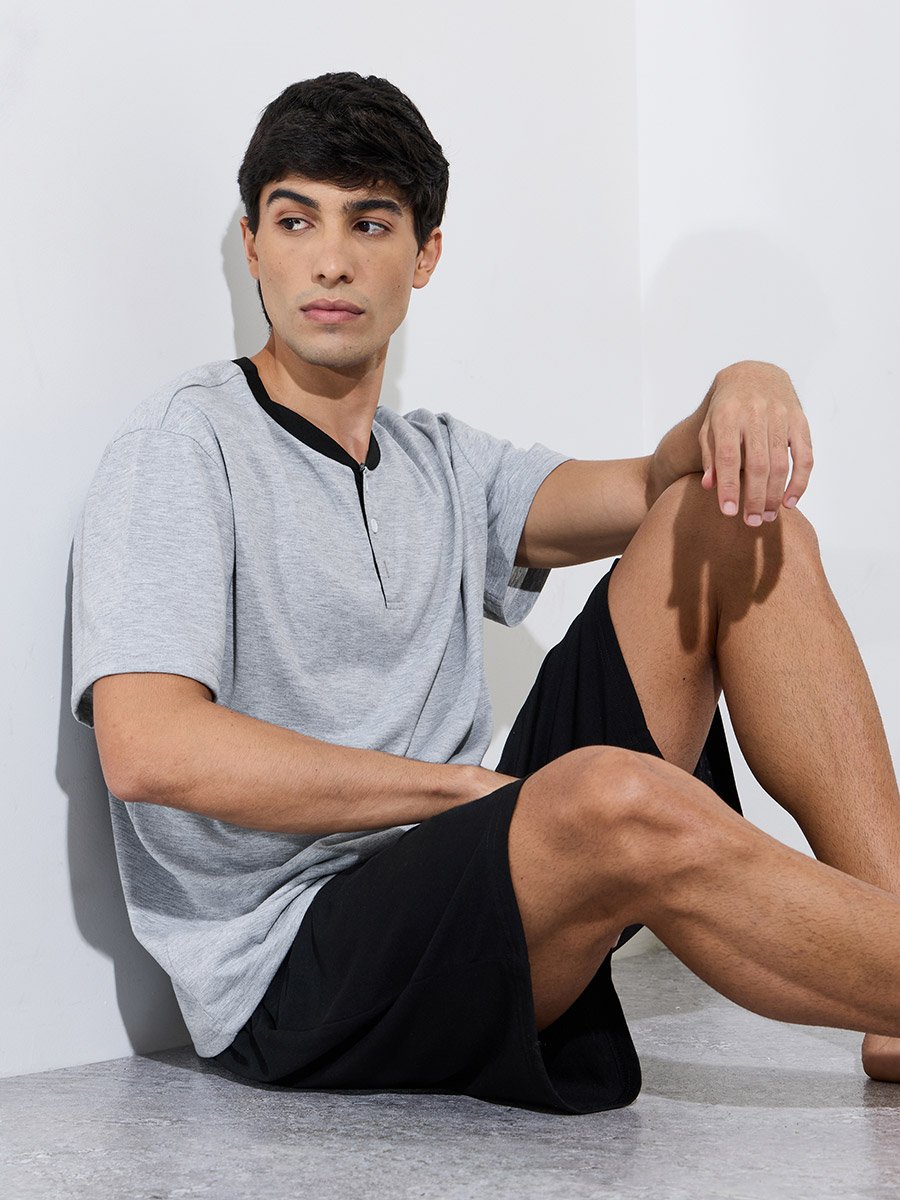 Grey Henley Neck T-Shirt and Black Shorts Pyjama Set