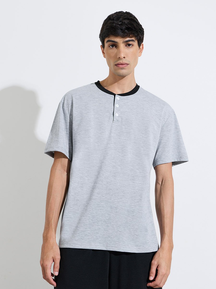 Grey Henley Neck T-Shirt and Black Shorts Pyjama Set