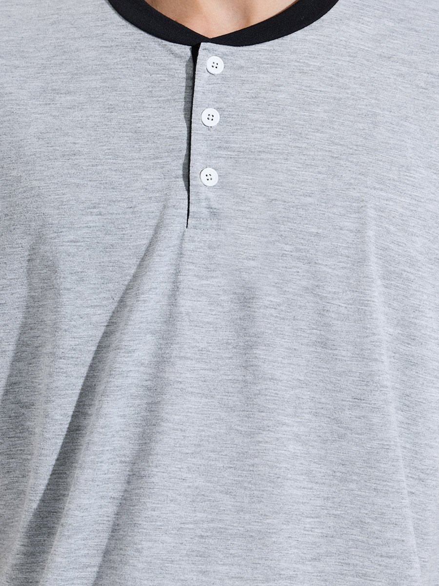 Grey Henley Neck T-Shirt and Black Shorts Pyjama Set