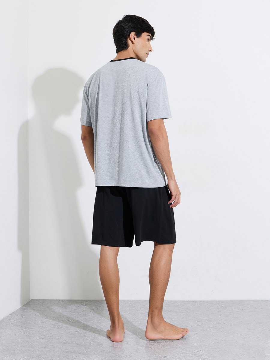 Grey Henley Neck T-Shirt and Black Shorts Pyjama Set