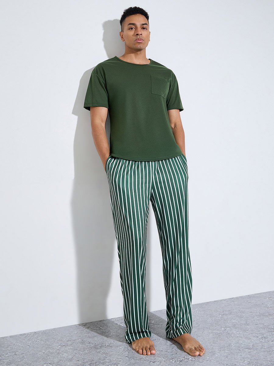 Olive Solid Pocket Detail T-Shirt and Striped Straight Leg Pants Pyjama Set