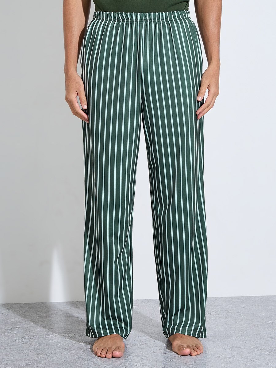 Olive Solid Pocket Detail T-Shirt and Striped Straight Leg Pants Pyjama Set