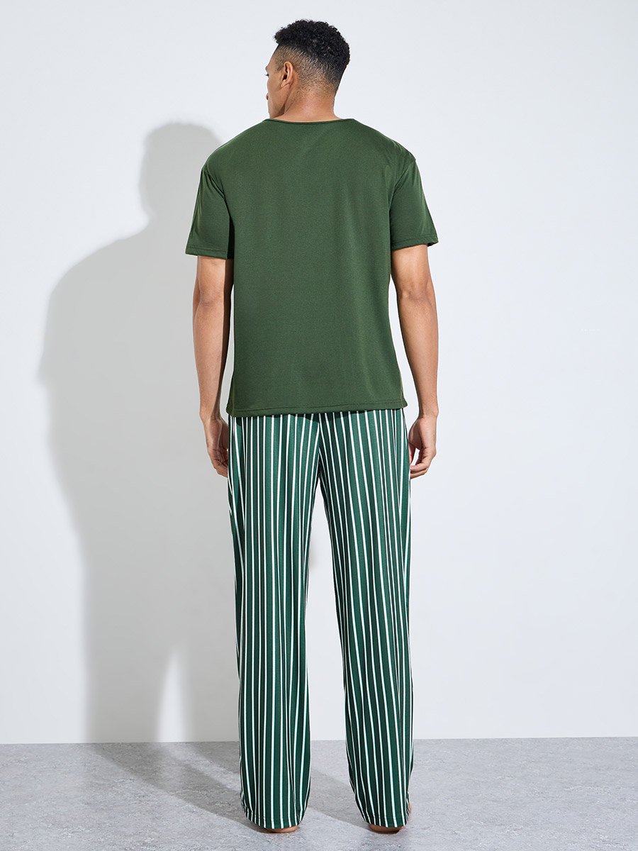Olive Solid Pocket Detail T-Shirt and Striped Straight Leg Pants Pyjama Set