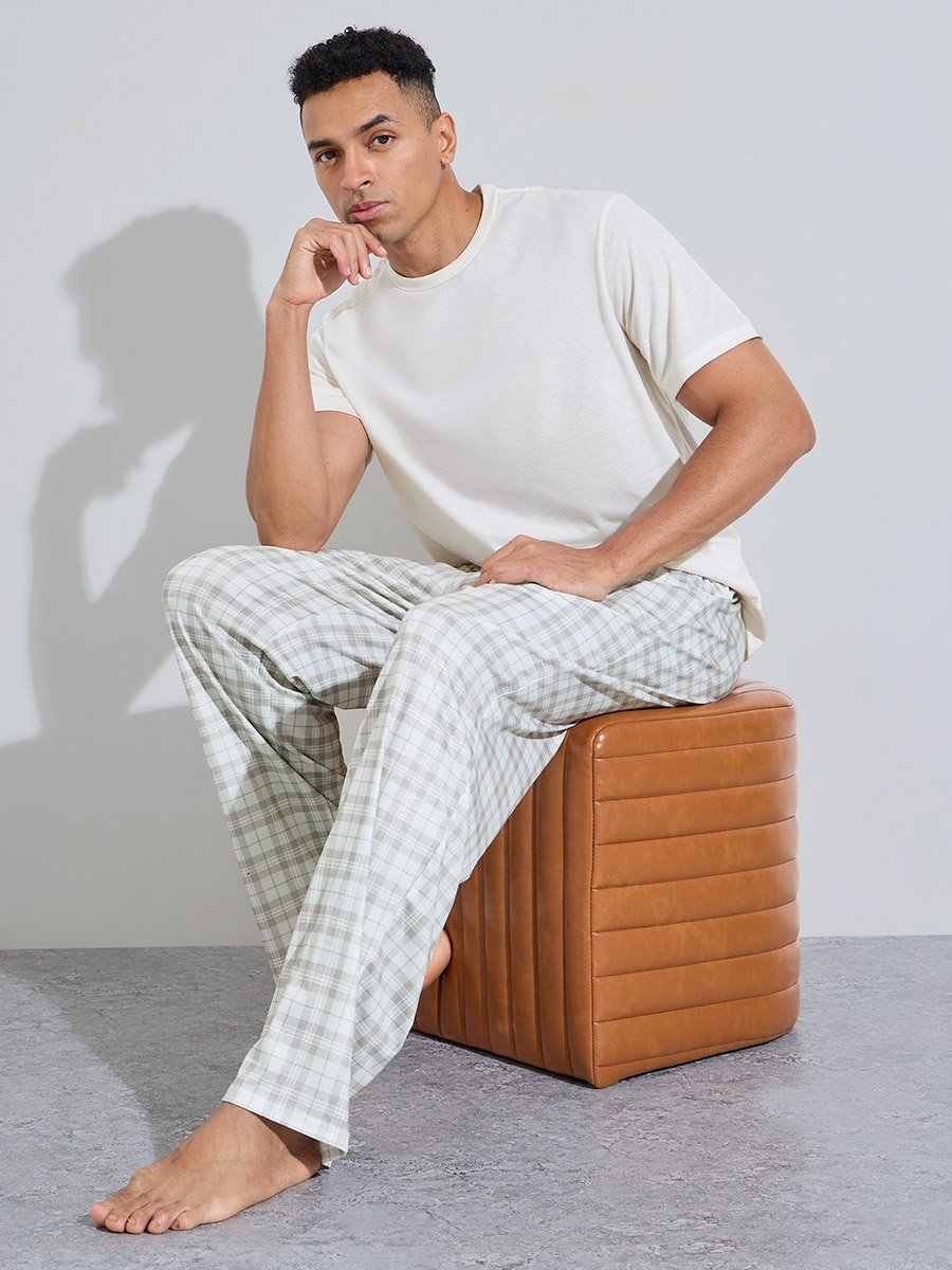 Cream Solid Short Sleeves T-Shirt and Checked Straight Leg Pants Pyjama Set