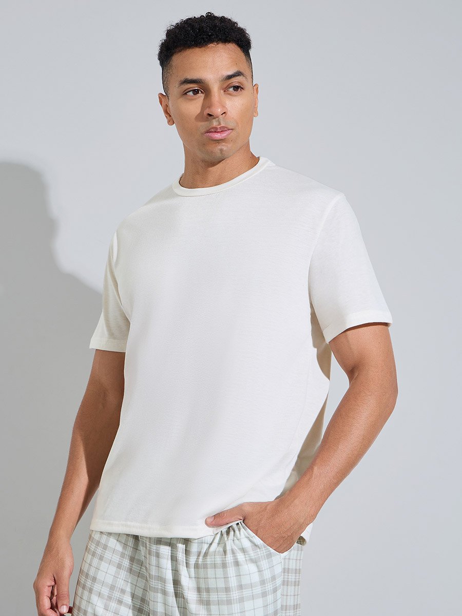 Cream Solid Short Sleeves T-Shirt and Checked Straight Leg Pants Pyjama Set