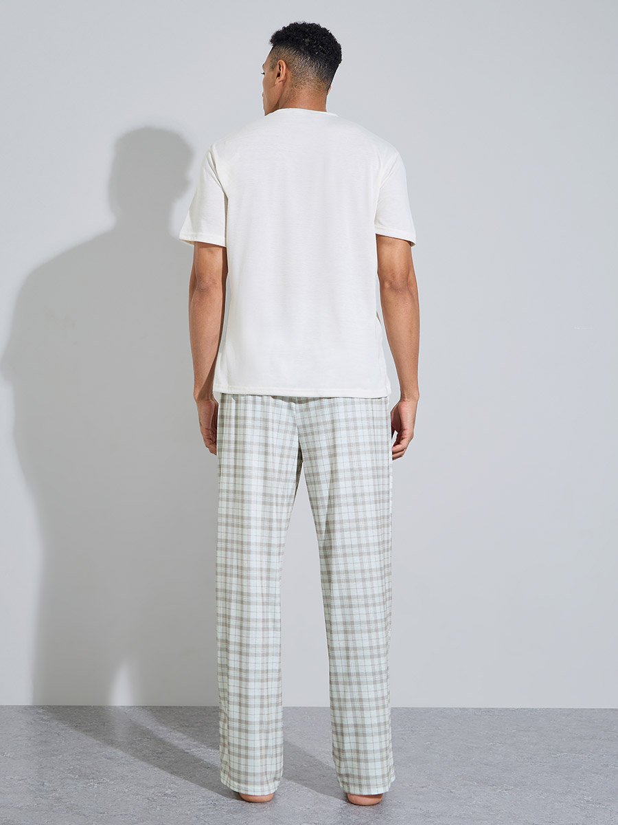 Cream Solid Short Sleeves T-Shirt and Checked Straight Leg Pants Pyjama Set
