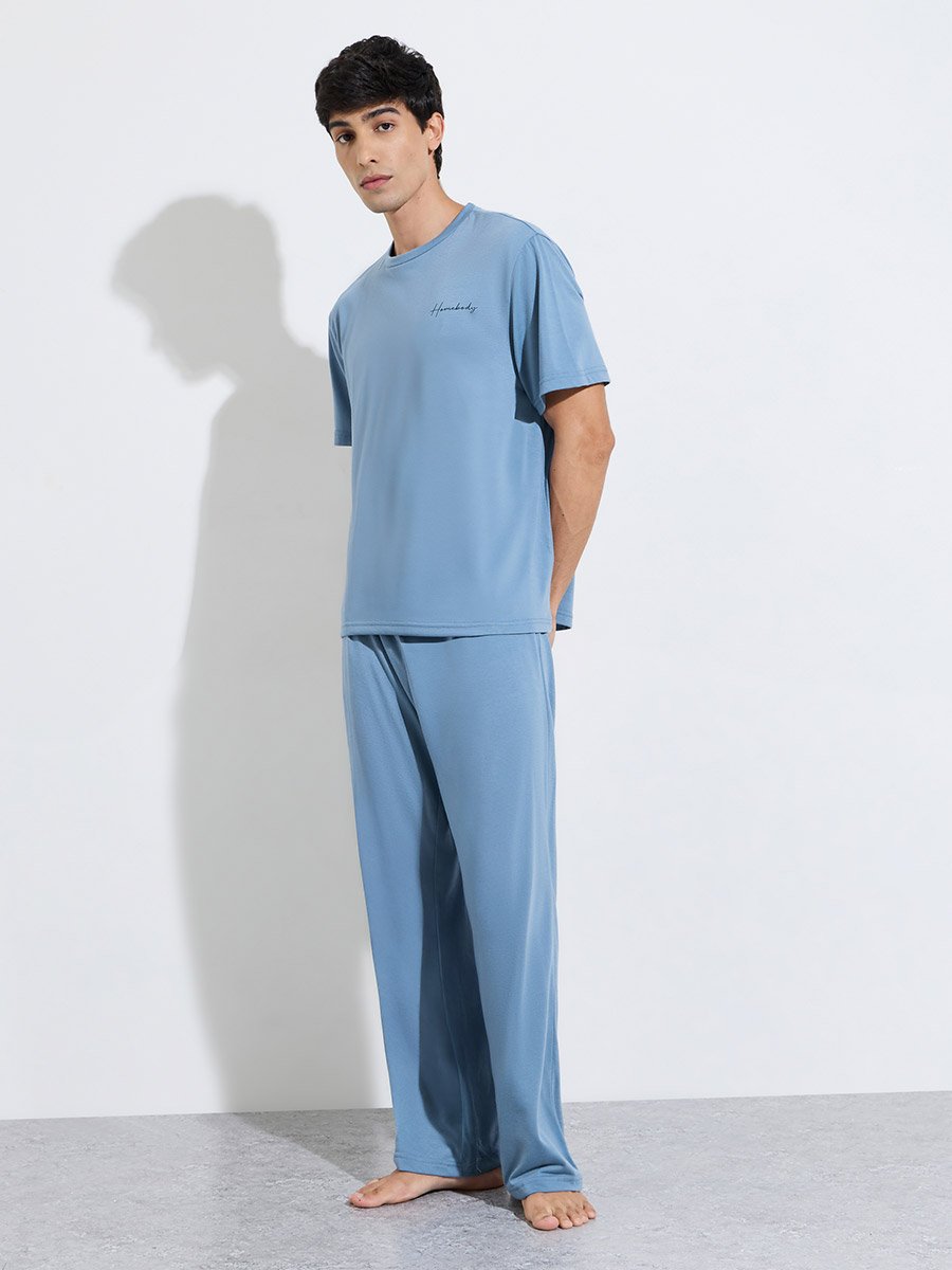 Blue Slogan Print T-Shirt and Straight Leg Pants Pyjama Set