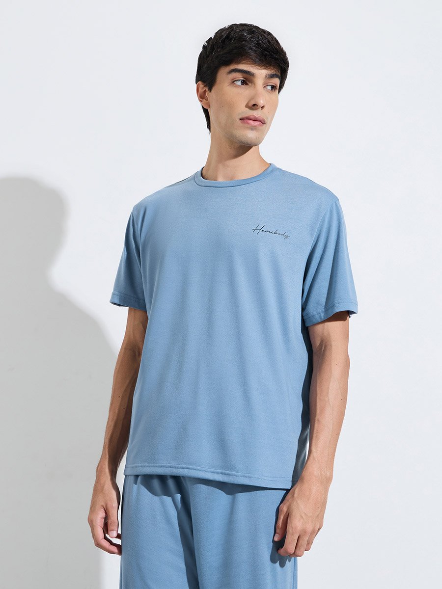 Blue Slogan Print T-Shirt and Straight Leg Pants Pyjama Set