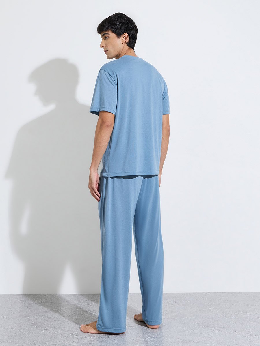 Blue Slogan Print T-Shirt and Straight Leg Pants Pyjama Set