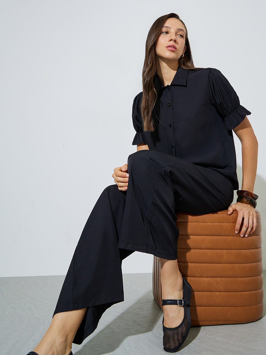 Black Solid Cuffed Sleeve Top and Wide Leg Pants Set