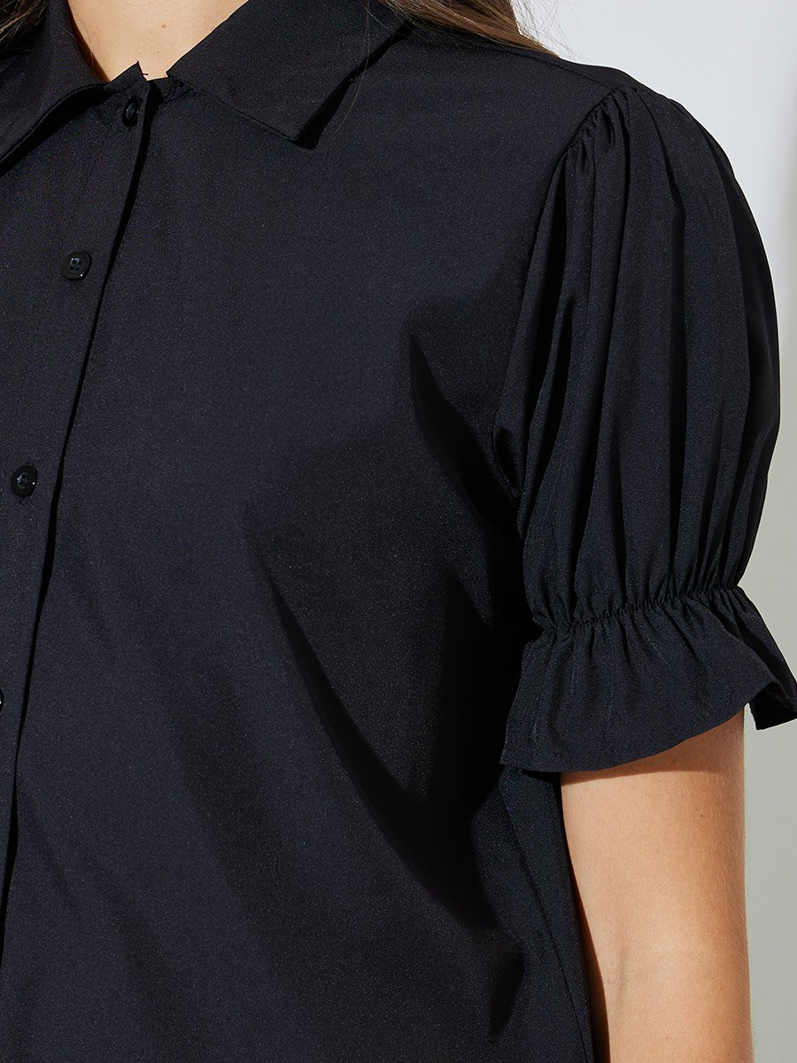 Black Solid Cuffed Sleeve Top and Wide Leg Pants Set