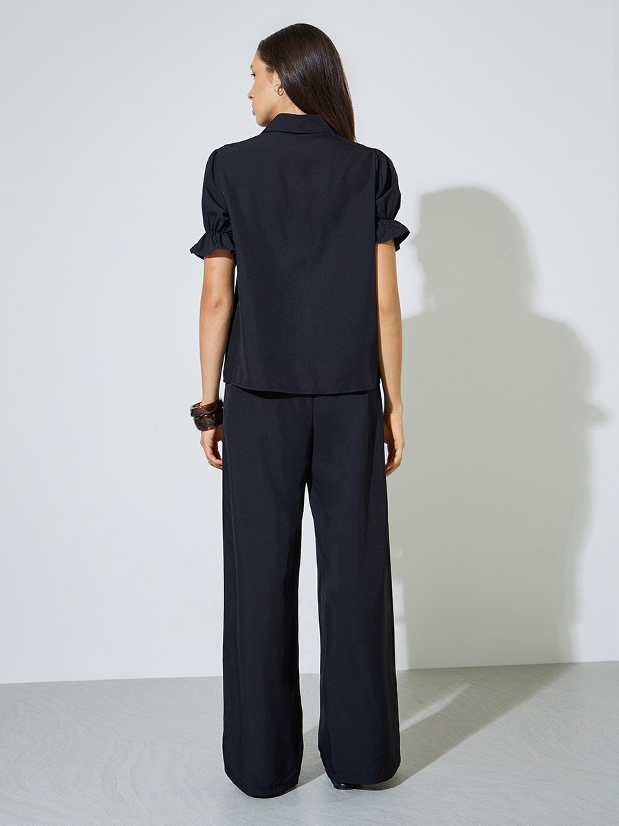 Black Solid Cuffed Sleeve Top and Wide Leg Pants Set