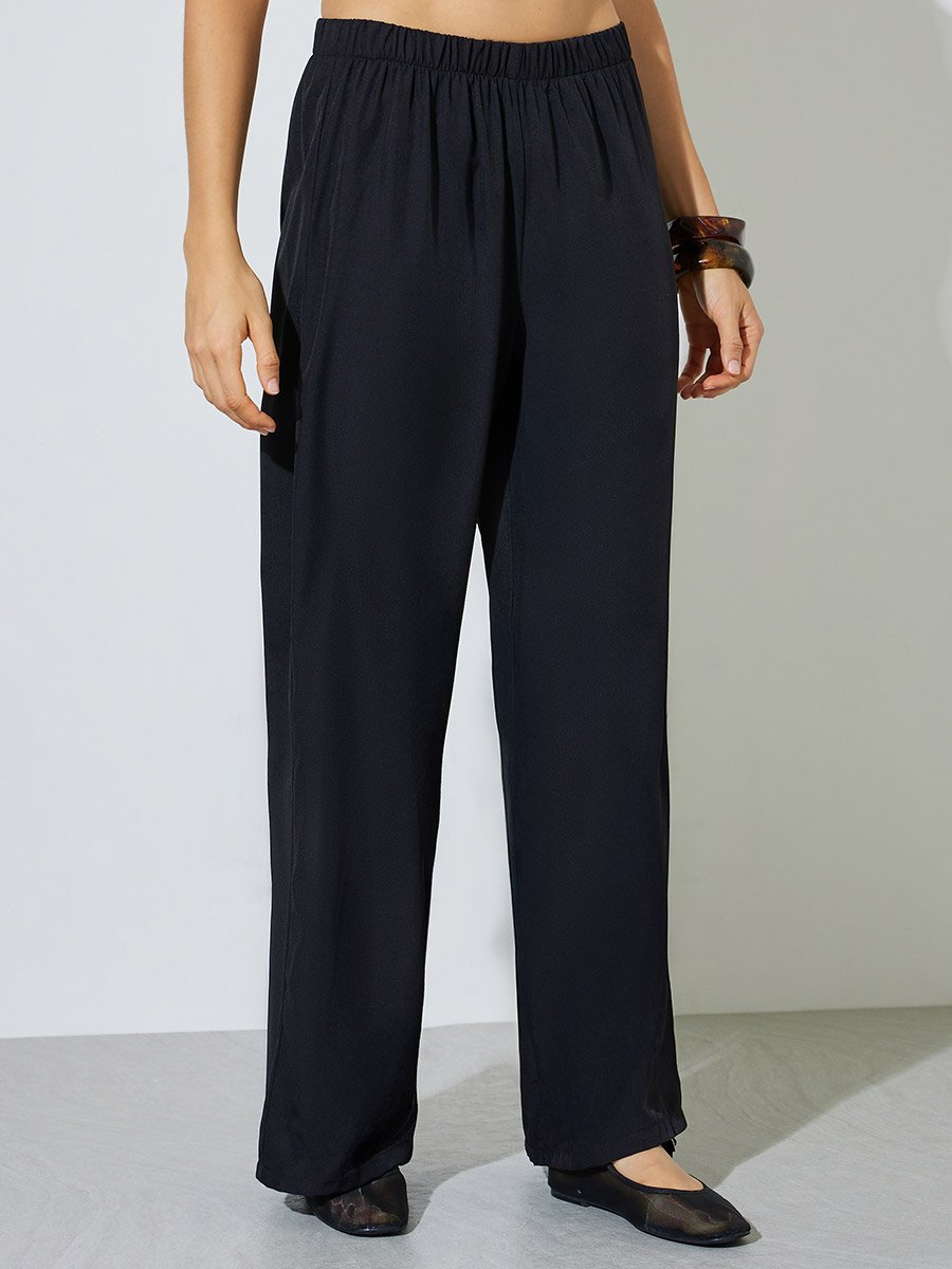 Black Solid Cuffed Sleeve Top and Wide Leg Pants Set
