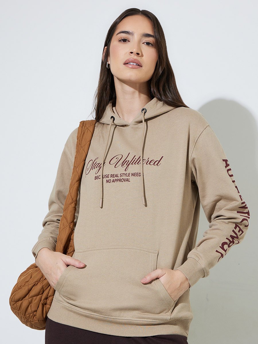 Beige Slogan Print Long Sleeves Regular Fit Hoodie