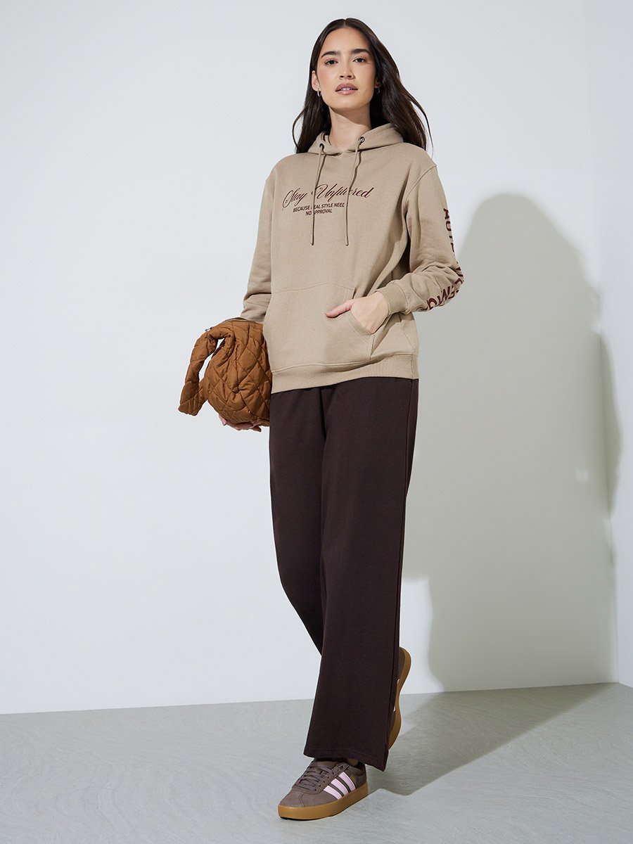Beige Slogan Print Long Sleeves Regular Fit Hoodie