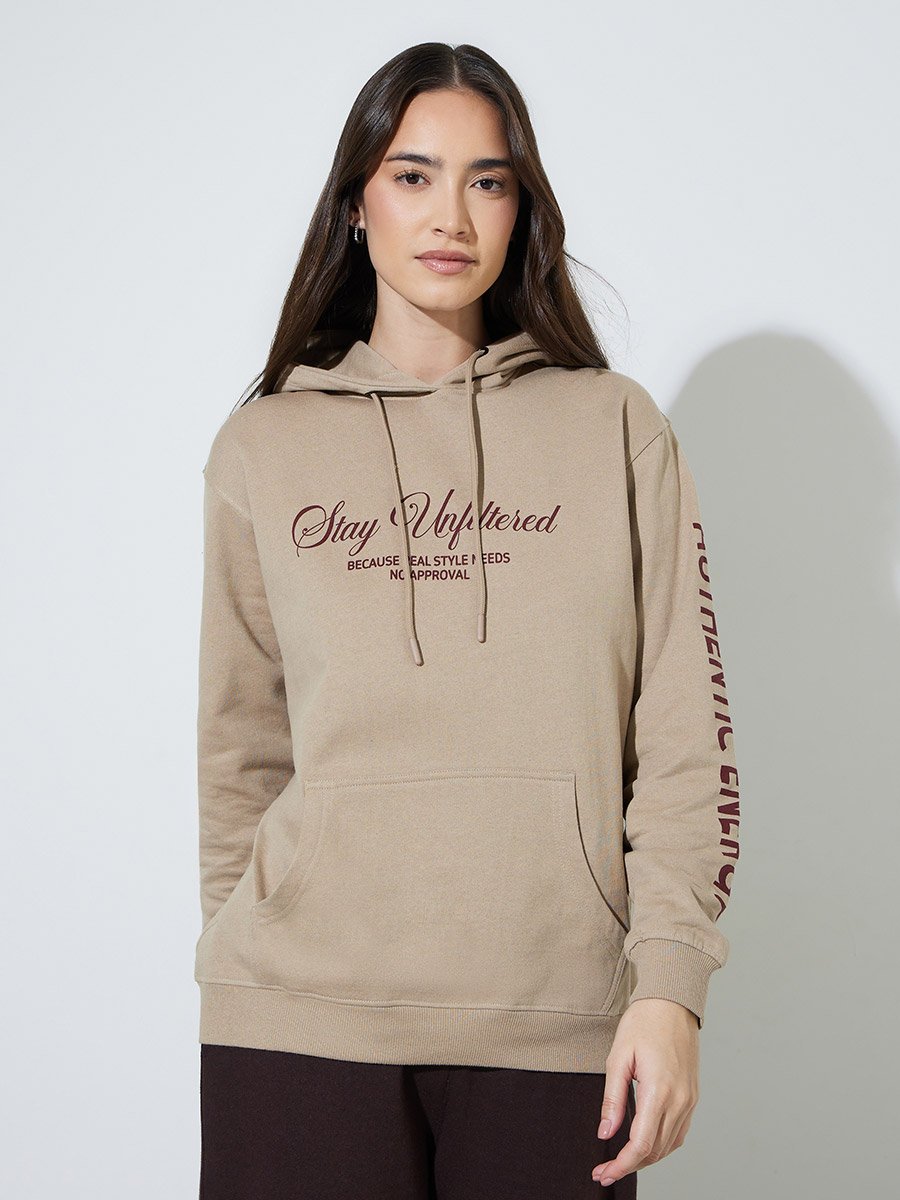 Beige Slogan Print Long Sleeves Regular Fit Hoodie