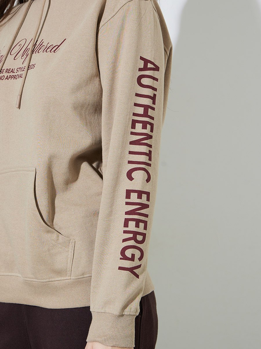 Beige Slogan Print Long Sleeves Regular Fit Hoodie