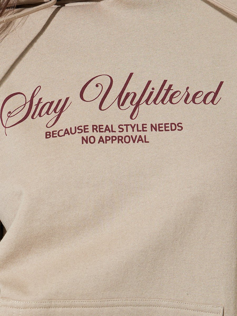 Beige Slogan Print Long Sleeves Regular Fit Hoodie