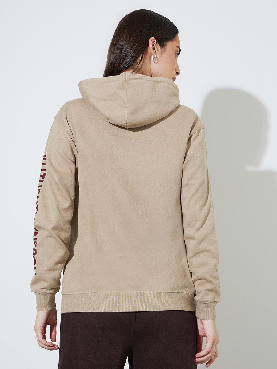 Beige Slogan Print Long Sleeves Regular Fit Hoodie