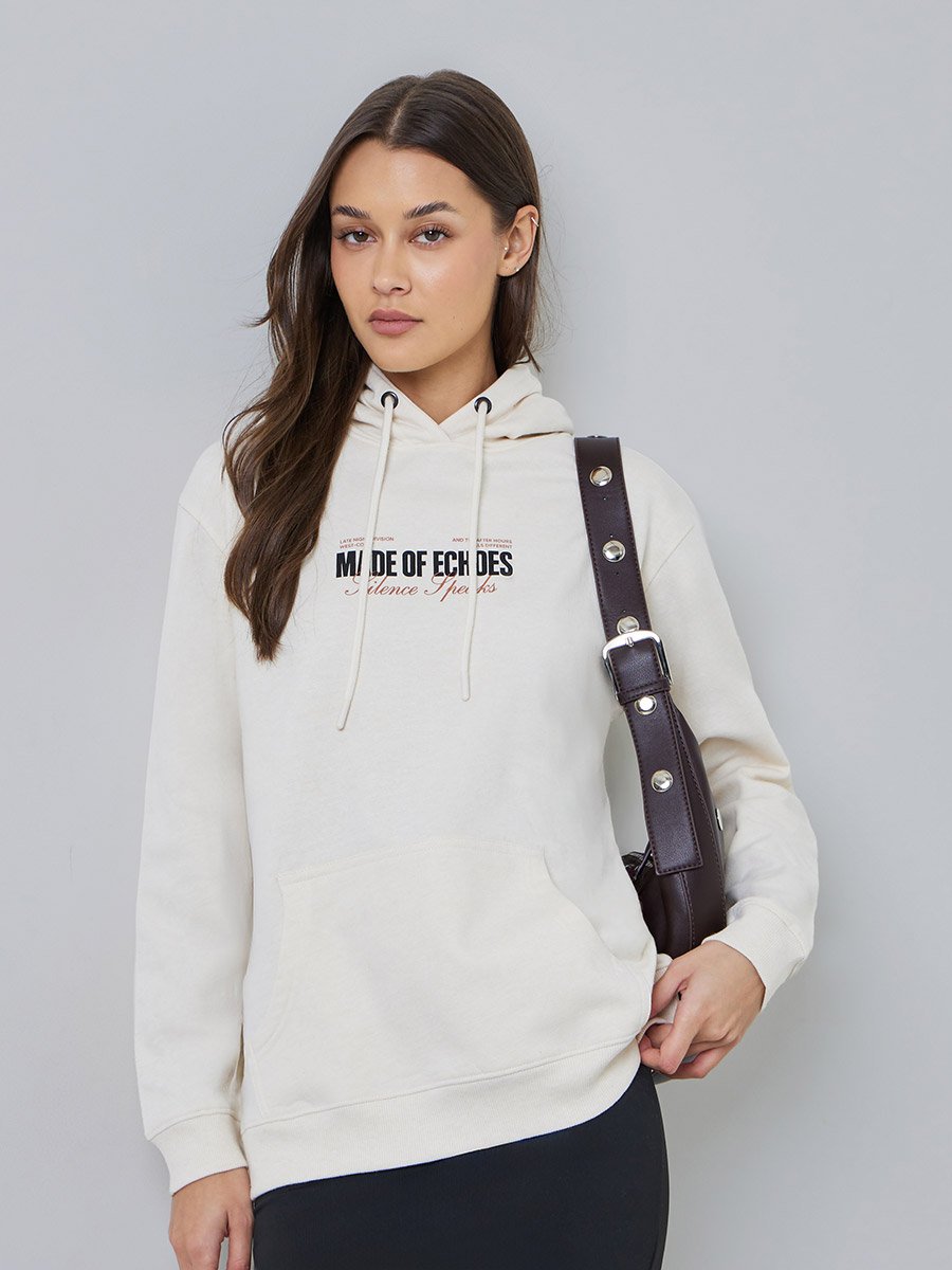Cream Regular Fit Longline Slogan Hoodie