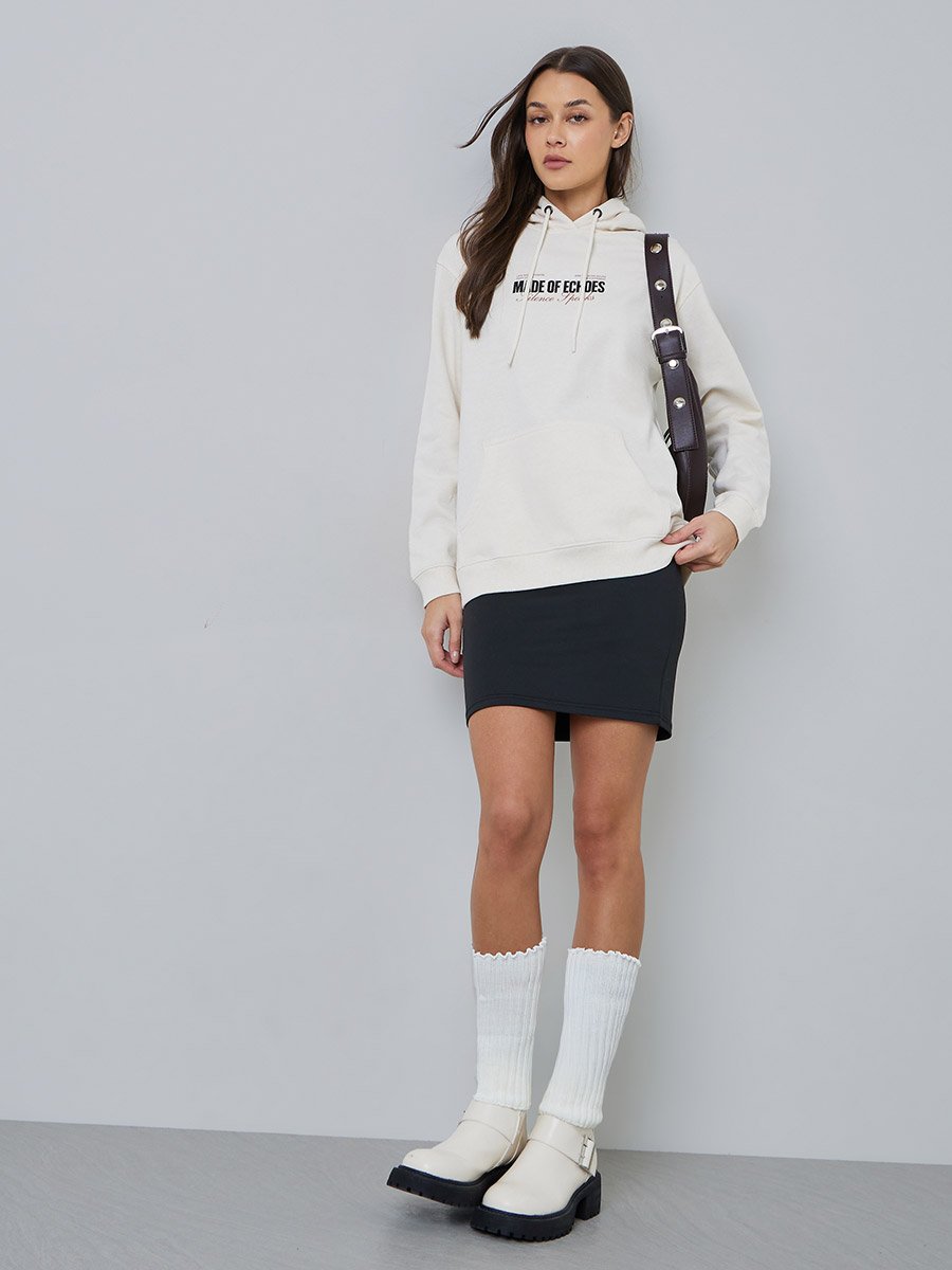 Cream Regular Fit Longline Slogan Hoodie