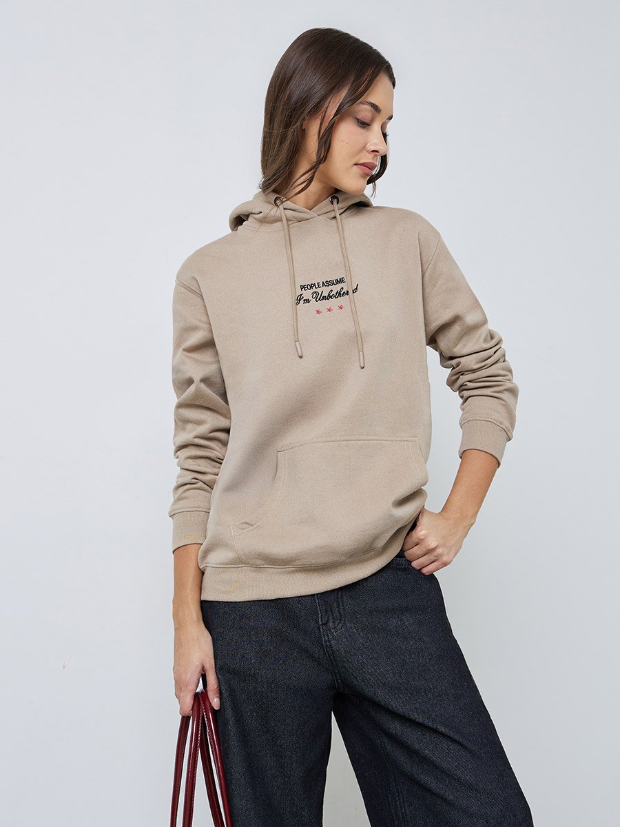 Beige Regular Fit Longline Embroidered Slogan Hoodie