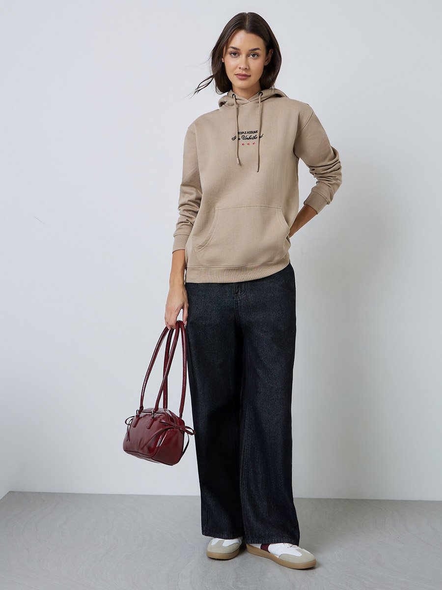 Beige Regular Fit Longline Embroidered Slogan Hoodie