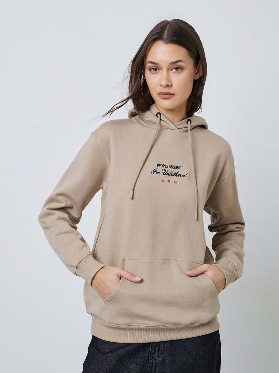 Beige Regular Fit Longline Embroidered Slogan Hoodie