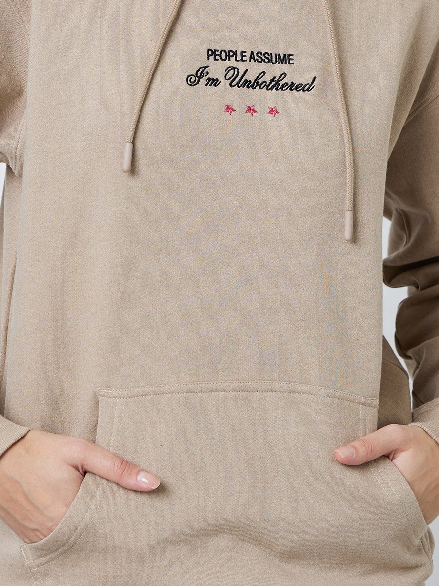 Beige Regular Fit Longline Embroidered Slogan Hoodie