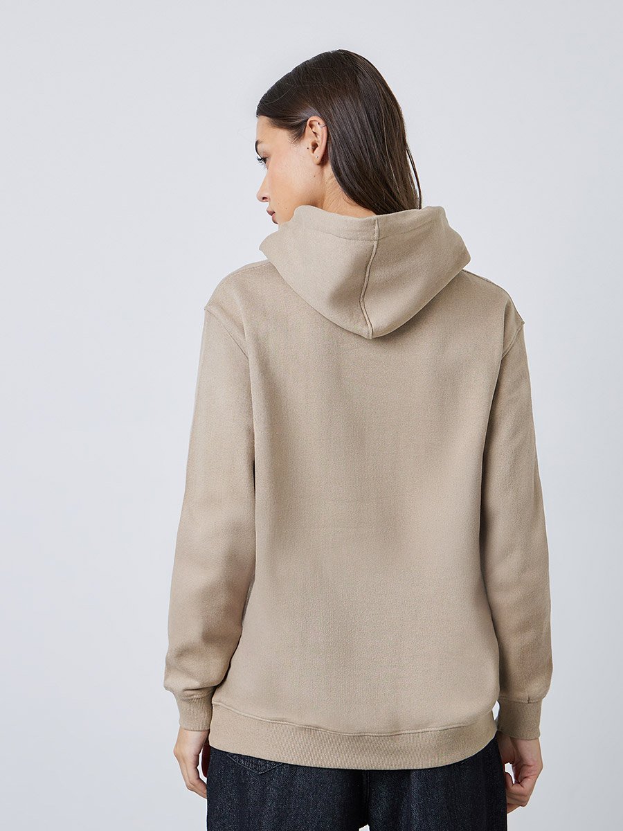 Beige Regular Fit Longline Embroidered Slogan Hoodie