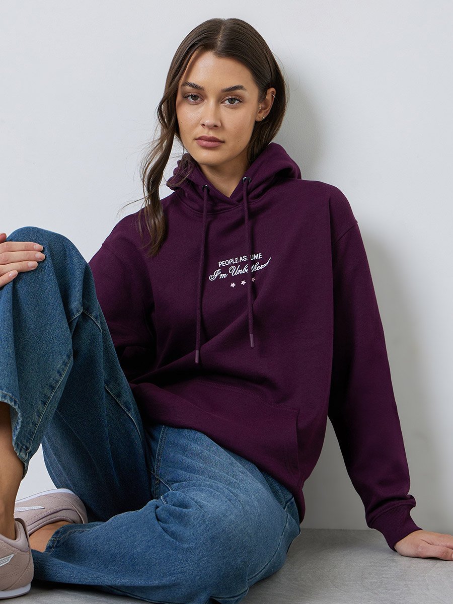 Purple Regular Fit Longline Embroidered Slogan Hoodie