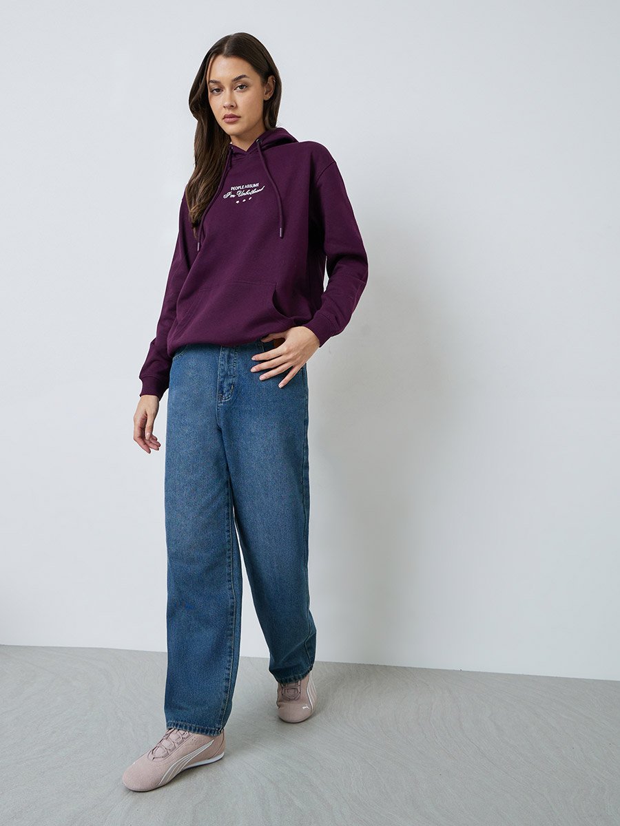 Purple Regular Fit Longline Embroidered Slogan Hoodie