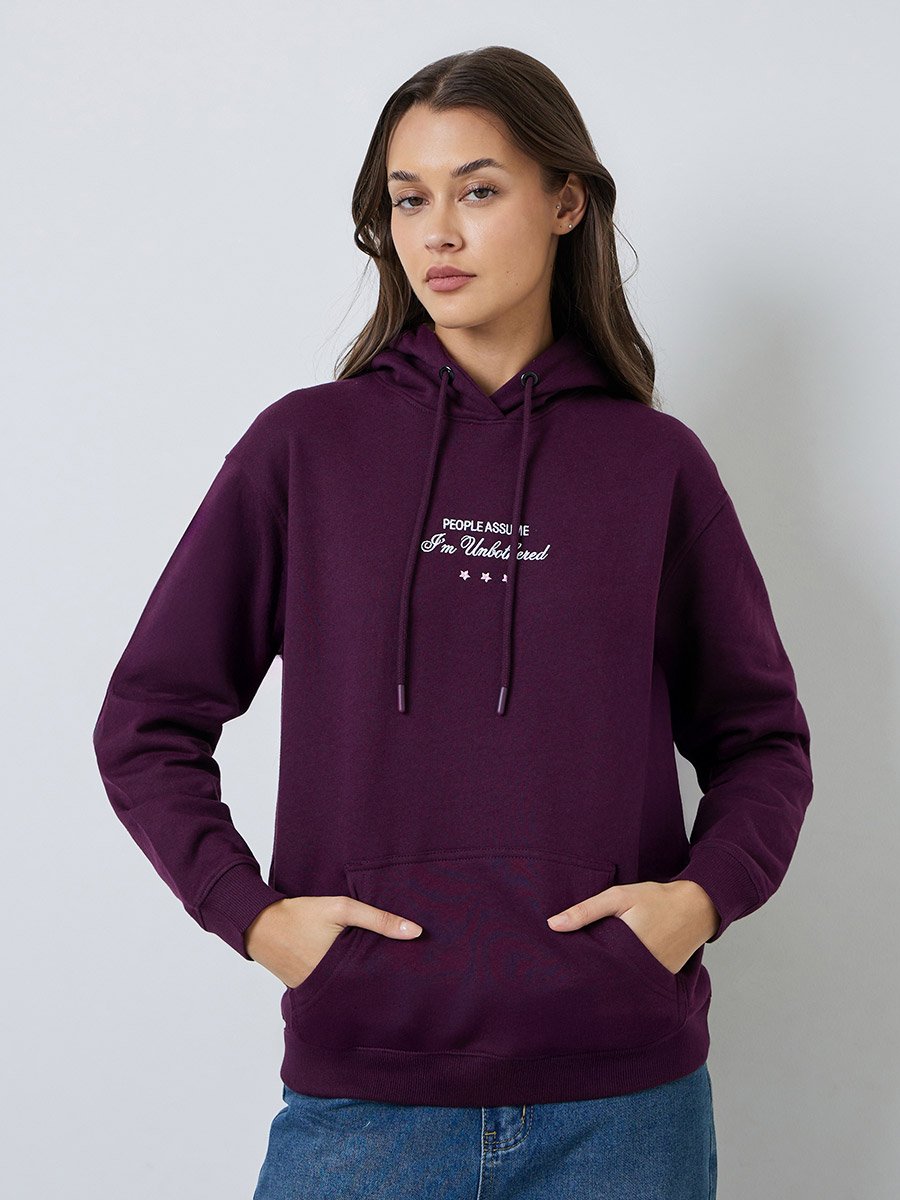 Purple Regular Fit Longline Embroidered Slogan Hoodie