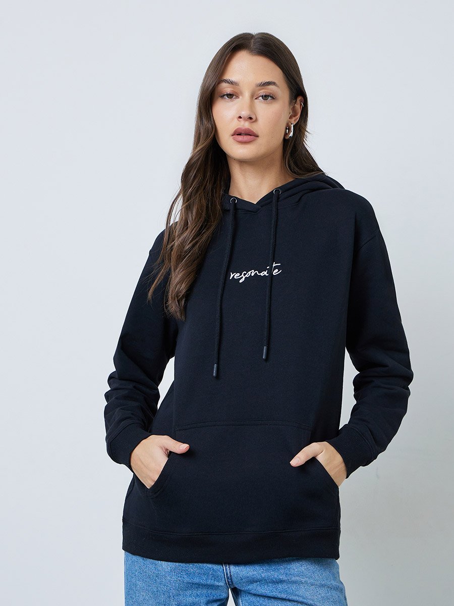 Black Regular Fit Longline Embroidered Slogan Hoodie