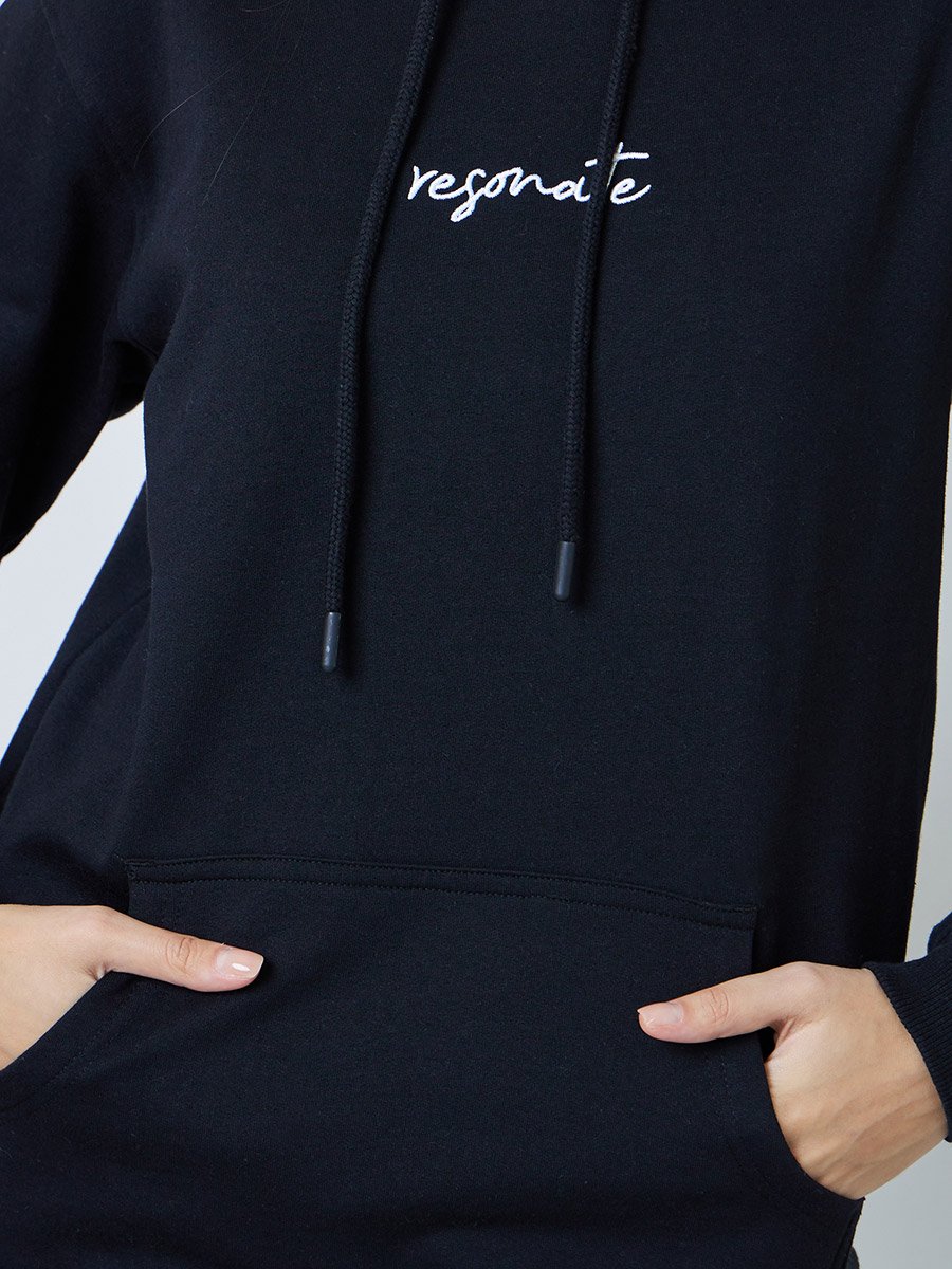 Black Regular Fit Longline Embroidered Slogan Hoodie